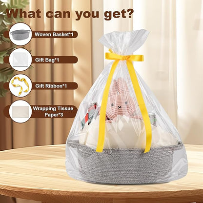 OIAHOMY Gift Basket with Handle, Small Woven Basket with Gift Bag, Ribbon and Wrap Tissue Paper, Nursery Bins Empty to Fill with Small Items, Baby, Pet Toy Organizer - Grey