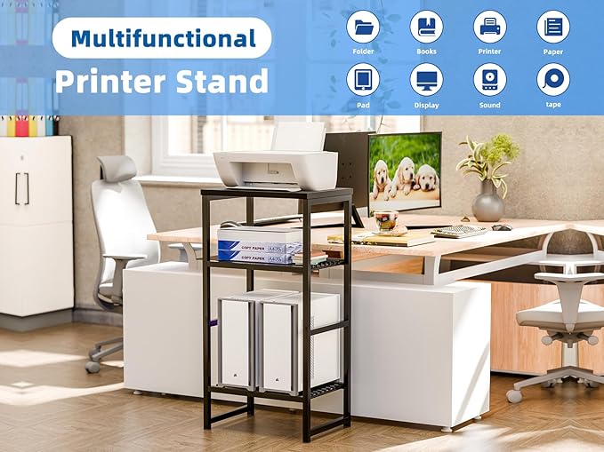 3 Tier Metal Printer Stand Shelf, Black Side Table for Printer, Fax Marchine