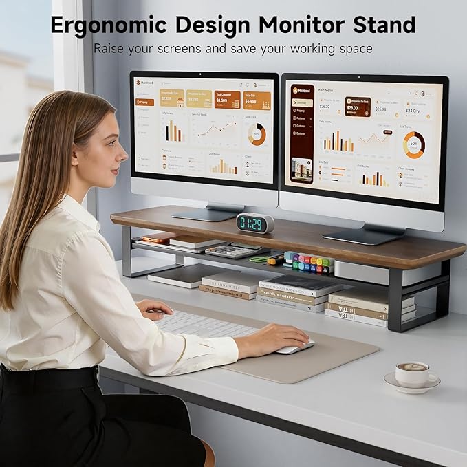 Dual Monitor Stand, 35.4 Inch Monitor Stand Riser for 2 Monitors, 2 Tiers Wood Desk Shelf with Storage, Desktop Organizer Stand for Computer, Laptop, Printer, TV (Black Walnut, 35.4in)