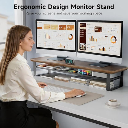 Dual Monitor Stand, 35.4 Inch Monitor Stand Riser for 2 Monitors, 2 Tiers Wood Desk Shelf with Storage, Desktop Organizer Stand for Computer, Laptop, Printer, TV (Black Walnut, 35.4in)