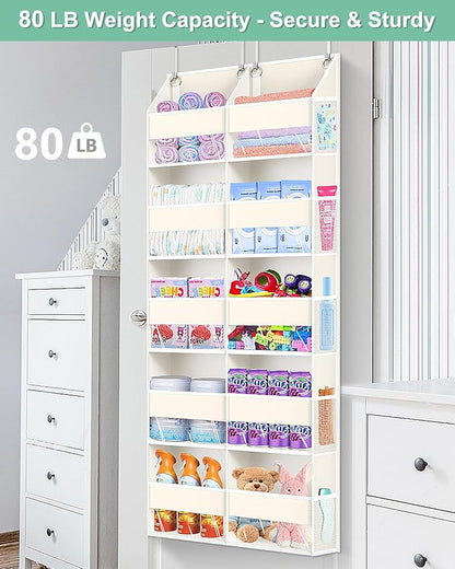 Heavy Duty Over The Door Organizer 5 Tiers, Extra Large Behind Door Storage of 10 Big Front & 10 Mesh Pockets, 80lb Weight Capacity, Hanging Doors Storage Organizer for Closet Bedroom Nursery, Beige