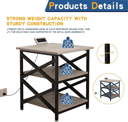 Large Printer Stand with Power Outlet, with Height Adjustable Storage Shelf, 3 Tier Rolling Printer Cart with Industrial Wheels, 23.6 x 23.6 Inches Printer Table for Home Office, Greige