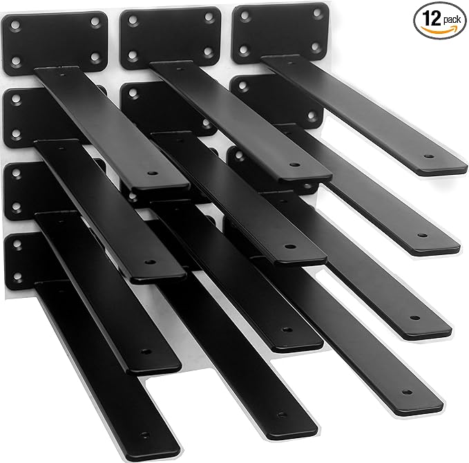 12 Pack - 16 inch Black Hidden L Shelf Bracket (1/5 Inch Thicked) Iron Floating Shelf Brackets Rustic Industrial Metal Brackets for Shelf Support
