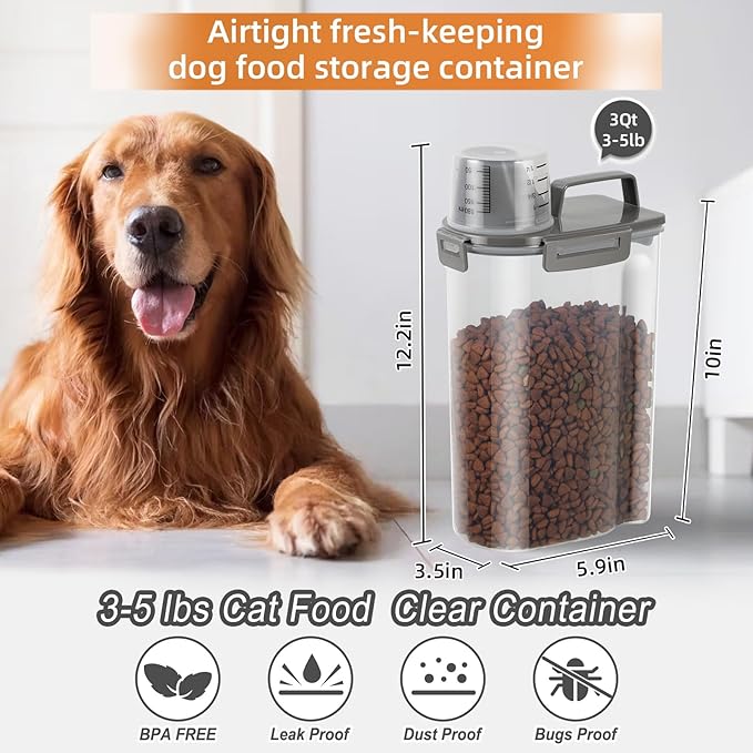 Airtight Small Cat Dog Pet Food Storage Containers BPA Free, with Large Pour Spout/1 Measuring Cup/ 4 Safety Locks and Double-layer Silicone Strip (Olive Gray x 2, 3L-2pack)
