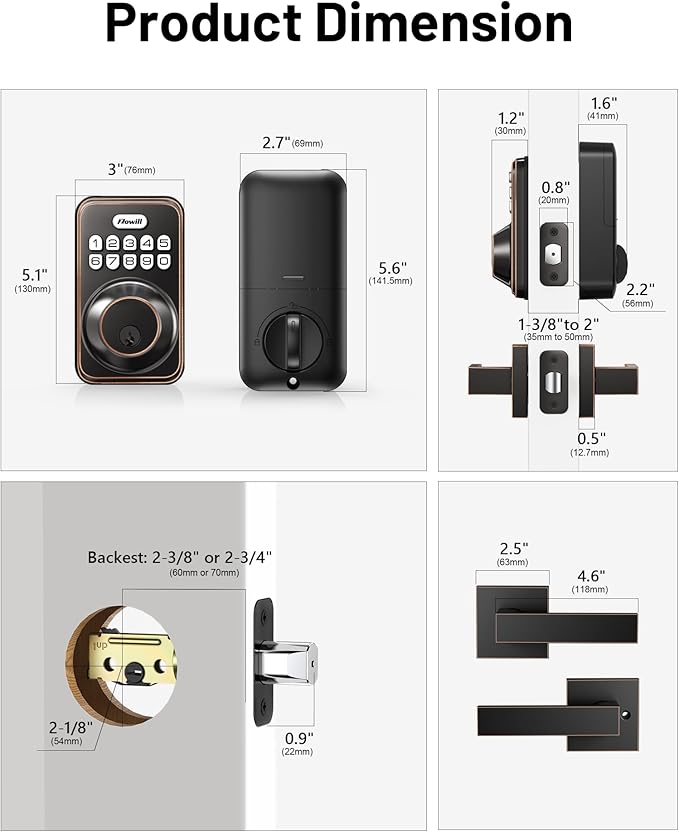 Zowill Keyless Entry Door Lock with 2 Lever Handles, Electronic Keypad Deadbolt, Auto-Locking, Anti-Peeping Password, Digital Code Door Lock, Front Door Handle Sets, OilRubbed Bronze