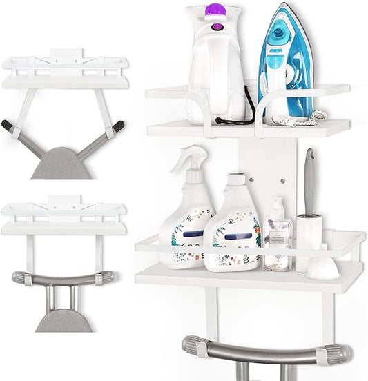 VINAEMO Ironing Board Hanger Wall Mount, 2-Layer Iron and Ironing Board Holder, Laundry Room Shelves Solid Wood with Removable Hooks Home Organization and Storage (White)