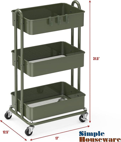 Simple Houseware 3-Tier Heavy Duty Metal Utility Rolling Cart, Army Green