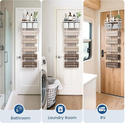 Towel Racks for Bathroom Over The Door Towel Racks Towel Storage Organizer with Metal Shelf Basket for Bathroom Rv Camper (7-Tier White)