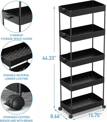 SPACEKEEPER 5-Tier Rolling Cart, Bathroom Storage Organizer Utility Cart, Mobile Shelving Unit Slide Out Shelves for Kitchen Living Room Laundry Room & Dressers, Black