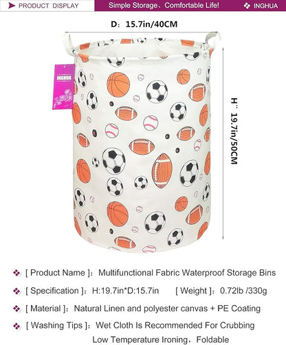 Laundry Hamper Large Canvas Fabric Lightweight Storage Basket/Toy Organizer/Dirty Clothes Collapsible Waterproof for College Dorms, Boys and Girls Bedroom,Bathroom(Ball game)