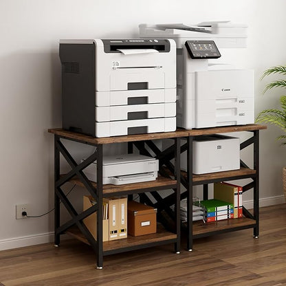 Large Printer Stand with Power Outlet, with Height Adjustable Storage Shelf, 3 Tier Rolling Printer Cart with Industrial Wheels, 23.6 x 23.6 Inches Printer Table for Home Office, Rustic Brown