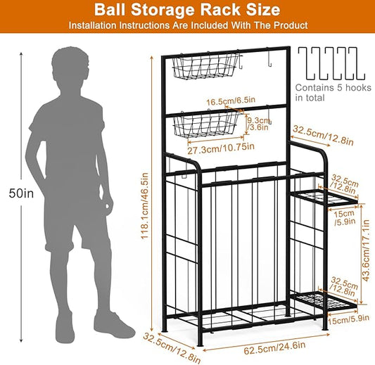 Shinoske Sports Equipment Organizer, Garage Storage Rack With Hooks and Baskets,Multi Use Large capacity Ball Storage Rack for Basketball,Football, Soccer, Bat, Toys,Indoor/Outdoor Use,Black
