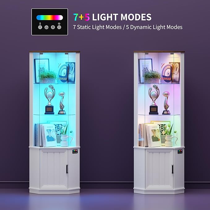 HNEBC 69" Tall Curio Display Cabinet with Glass Door and Movable Shelves,Corner Bookcase with LED Human Sensor Lights,5-Tier RGB Display Case for Collectibles,Bedroom Living Room