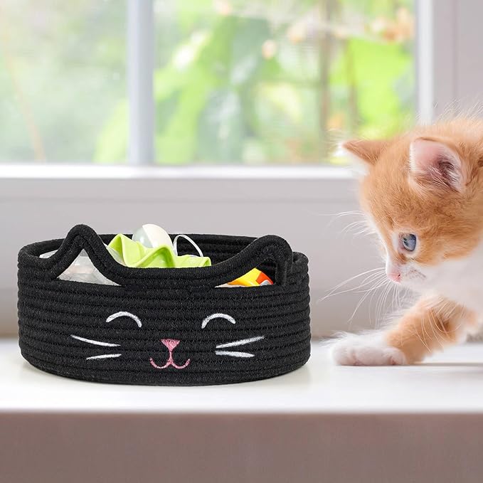 ZLG Black Cat Storage Bin Basket Toy S, Shallow Bin Basket for Table Organize, Bathroom Towel Basket, Empty Gift Bin 9.8 x 4 inches