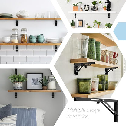 Home Expert 20 Inch Folding Shelf Brackets, 4 Pack (2 Pairs) Heavy Duty Metal Collapsible Wall-Mounted Brackets, Space-Saving DIY Foldable Shelf for Benches and Tables, Matte Black
