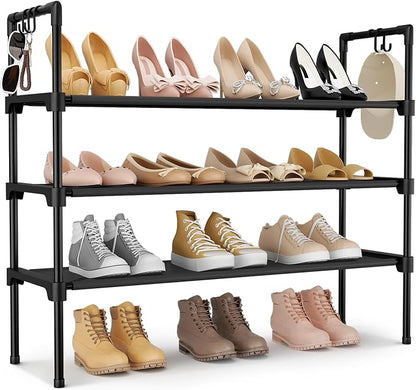 3 Tier Shoe Rack for Closet, Shoe Organizer with 5 Hooks, Long Shoe Shelf Storage for Sneaker and Boot Stackable Free Standing Shoe Rack for Entryway, Garage, Small Spaces, Dorm