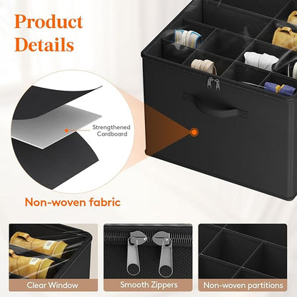Lifewit Shoe Storage Organizer for Closet, Fabric Large Shoe Box Storage Containers with Clear Cover, Foldable Bins for Boots Heels Sneakers Fits 36-48 Pairs (Each 12-16 Pairs) 3 Pack Black