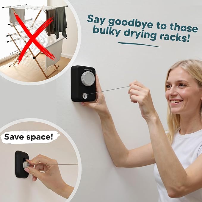 GorillaLine Max – Retractable Clothesline Indoor Outdoor, Non-Sagging Heavy Duty Clothes Drying Line, Wall Mounted Drying Rack, Air Dry Clothing, Max Tighten with GorillaGrip