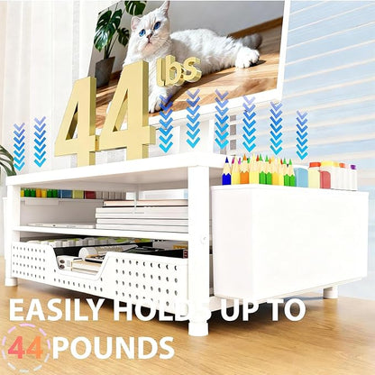 OPNICE Desk Organizers and Accessories, 2-Tier Computer Monitor Stand Riser with Drawer and 2 Pen Holders, Laptop Stand, Office Desk Accessories for Office Supplies, White