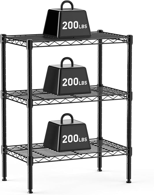 DUMOS 3-Tier Metal Wire Storage Shelves, Adjustable Standing Storage Rack Shelf, Heavy Duty Steel Shelving Unit Organizers for Kitchen Bathroom Pantry Garage, 23.2" W×13.4" D×30.3" H, Black