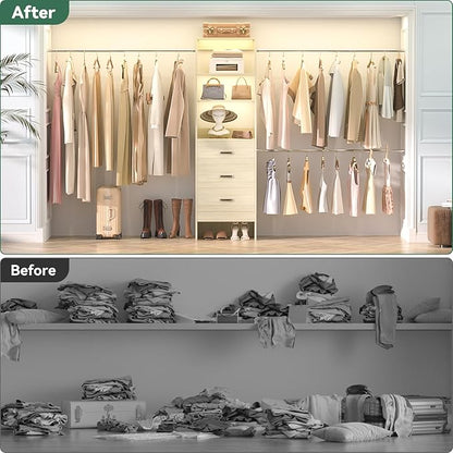 96'' Closet Organizer System with 3 Hanging Rods, 8FT Closet Organizers and Storage with 3 Wooden Drawers, Built in Closet Organizer Systems, Adjustable Walk-in Wardrobe from 2-8FT, Light Oak