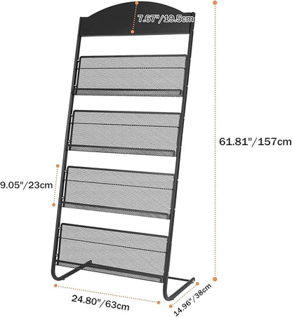 4-Tier Magazine Display Rack, 24.8" Wide Iron Brochure & Newspaper Stand
