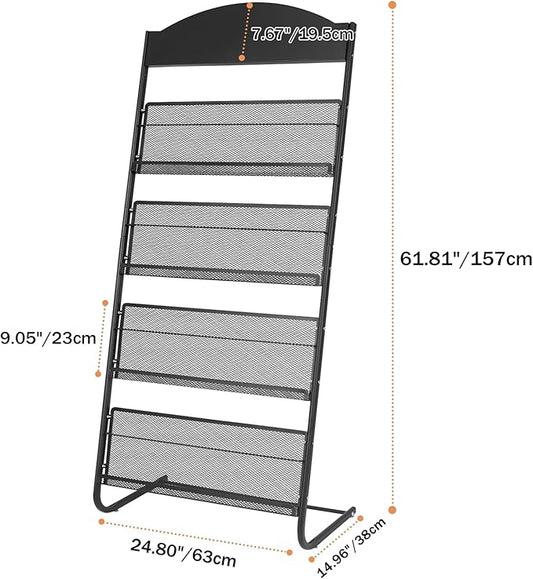 4-Tier Magazine Display Rack, 24.8" Wide Iron Brochure & Newspaper Stand
