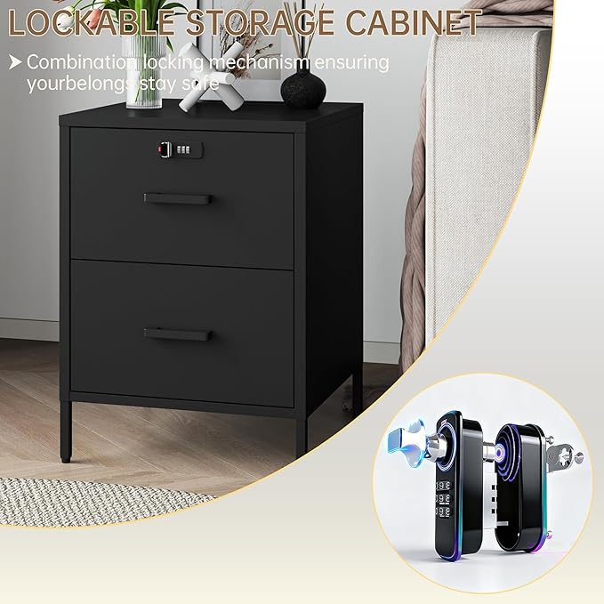 Metal Nightstand,2 Drawer End Side Table Lockable Modern Locker Storage Cabinet for Living Room, Bedroom, Dorm, 21.26”H X 15.75”W X 15.75”D (2 Drawer, Black)