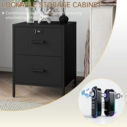 Metal Nightstand,2 Drawer End Side Table Lockable Modern Locker Storage Cabinet for Living Room, Bedroom, Dorm, 21.26”H X 15.75”W X 15.75”D (2 Drawer, Black)