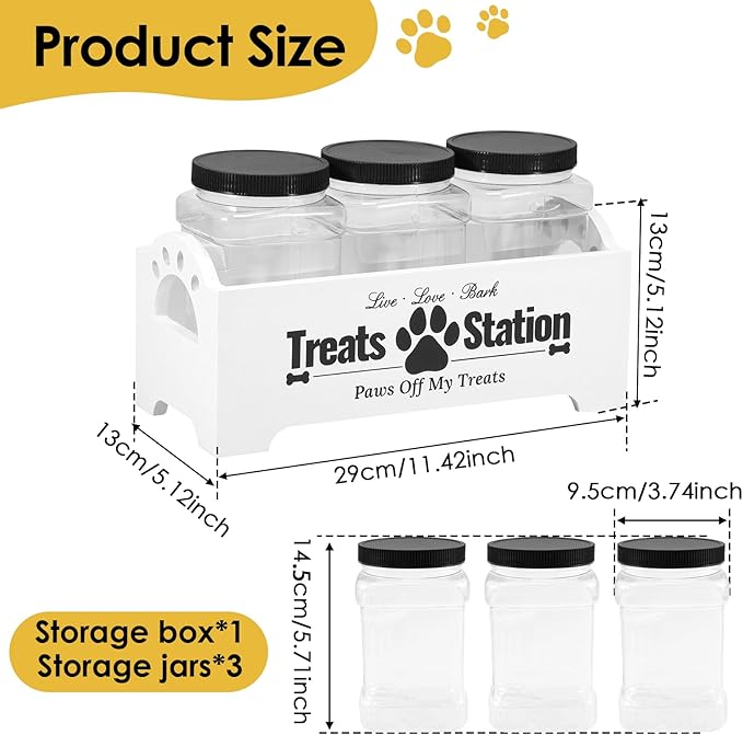 Dog Treat Container, Food Storage Container with 3 Plastic Dog Treat Jars, Reusable Cat Treat Container, Pet Treat Storage Organizer, Wood Dog Treat Holder, Dog Food Container for Dog Cat(white)