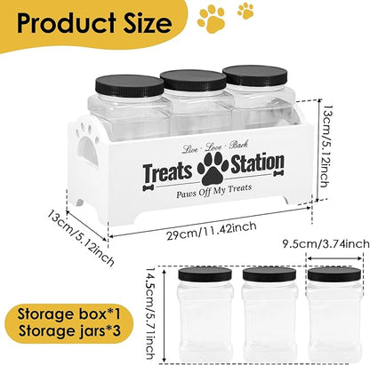 Dog Treat Container, Food Storage Container with 3 Plastic Dog Treat Jars, Reusable Cat Treat Container, Pet Treat Storage Organizer, Wood Dog Treat Holder, Dog Food Container for Dog Cat(white)