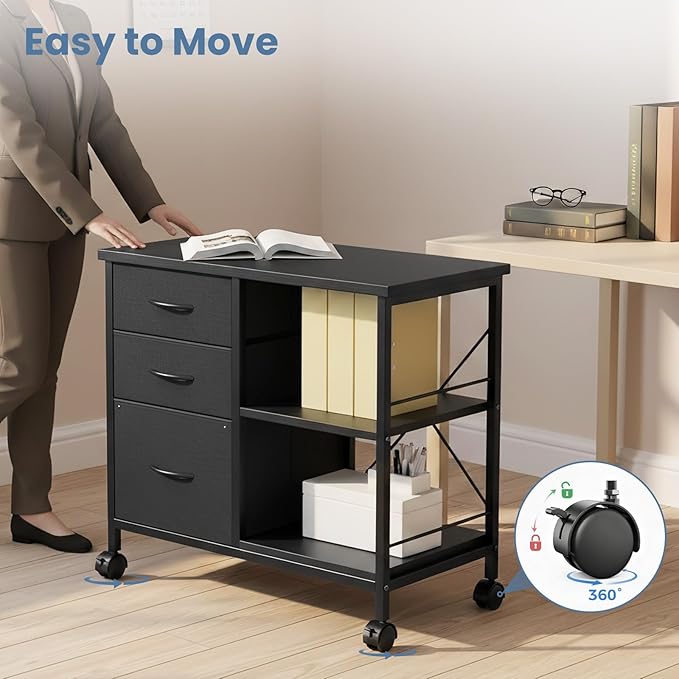 DUMOS 3-Tier Mobile File Cabinet, Printer Stand with Storage, Office Table with Drawers and Back Support Bar, Holds 110lb for Home Office, Rustic Black