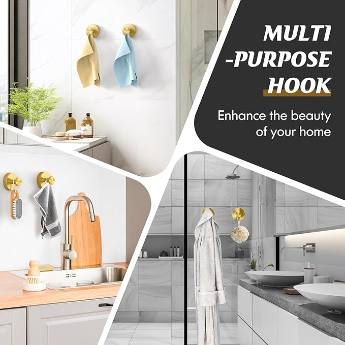 Suction Cup Hooks for Shower,Removable Shower Towel Suction Hooks for Bathroom Wall,Kitchen,Glass,Mirror,Tile to Hang Robes,Loofah-Gold(4-Pack)