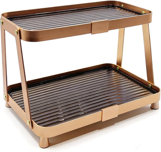 YUPER Bathroom Organizer Countertop, 2-Tier Perfume Organizer Makeup Organizer Cosmetics Storage Display Rack Vanity Tray Dresser Shelf Rust Resistant Aluminum Alloy Holder Decor