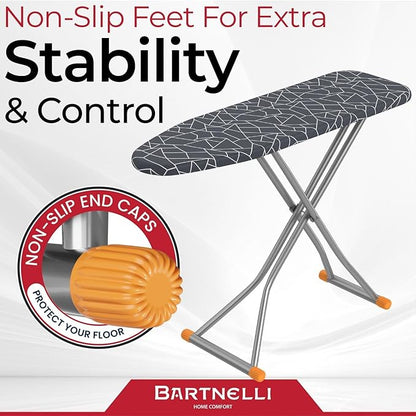 Bartnelli Compact Ironing Board, 13x43 Space-Saving Steel Foldable Iron Board, 4 Layer Cotton Cover, Adjustable Height, Bonus Hanger and Silicone Iron Pad