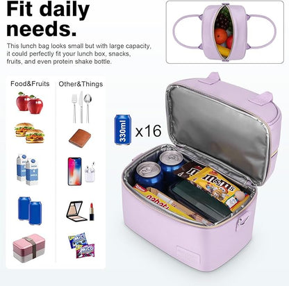 BALORAY Lunch Bag for Women Men, Double Deck Lunch Box for Adults, PU Leather Lunch Tote Bag Insulated Lunch Bags with Strap for Work Office Picnic(Purple with strap)