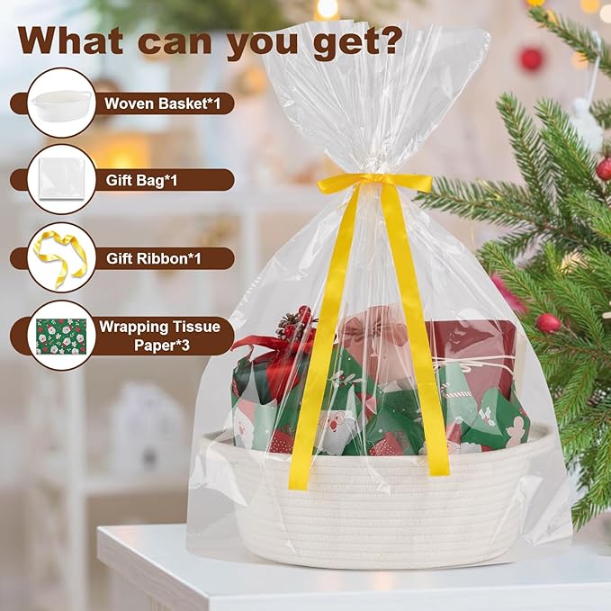 OIAHOMY Gift Basket with Handle, Small Woven Basket with Gift Bag, Ribbon and Wrap Tissue Paper, Nursery Bins Empty to Fill with Small Items, Baby, Pet Toy Organizer - White & Green
