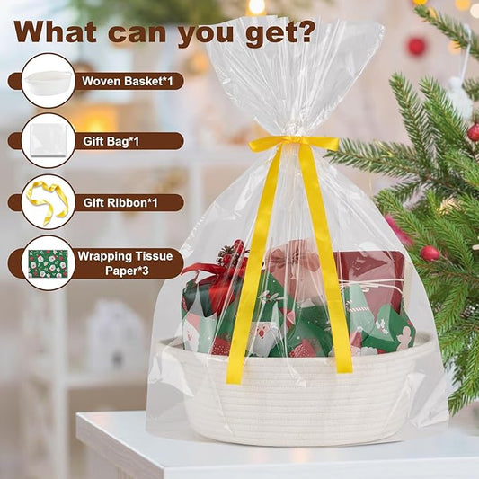 OIAHOMY Gift Basket with Handle, Small Woven Basket with Gift Bag, Ribbon and Wrap Tissue Paper, Nursery Bins Empty to Fill with Small Items, Baby, Pet Toy Organizer - White & Green
