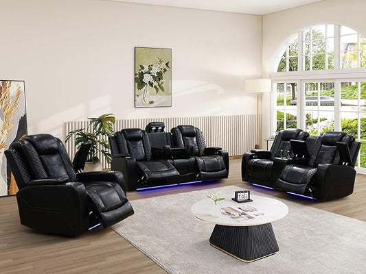 Power Reclining Sofa Couch Set with Drop-Down Table, 3PC Black Leather Recliner Couch Sets, Living Room Furniture Sets, Recliner Sofa with Storage Console/Cup Holder for Home/Apt/Office