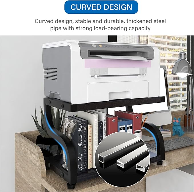 PUNCIA 2 Tiers Wood Black Home Office Desktop Printer Stand Laser Printer Copier Stand with Storage Tabletop Heavy Duty Rack Desk Organizer Shelf Dual for Small Space Double Tiers Tray