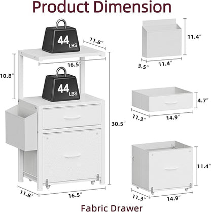 2-Drawer File Cabinet, Filing Cabinet with 2-Tier Printer Shelves, Office Cabinets with Side Bag&File Drawer for A4/Letter Size, Printer Stand with Storage for Home Office, White, 16.5" W
