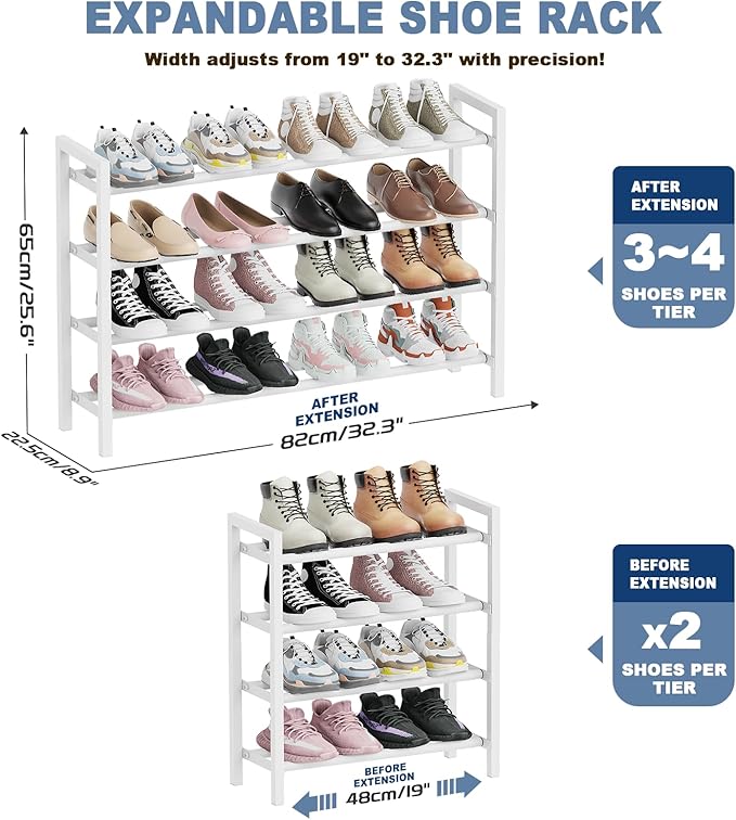 Mavivegue Expandable Shoe Rack for Closet, Adjustable Shoe Rack for Small Space (White, 4 Tier - Small)