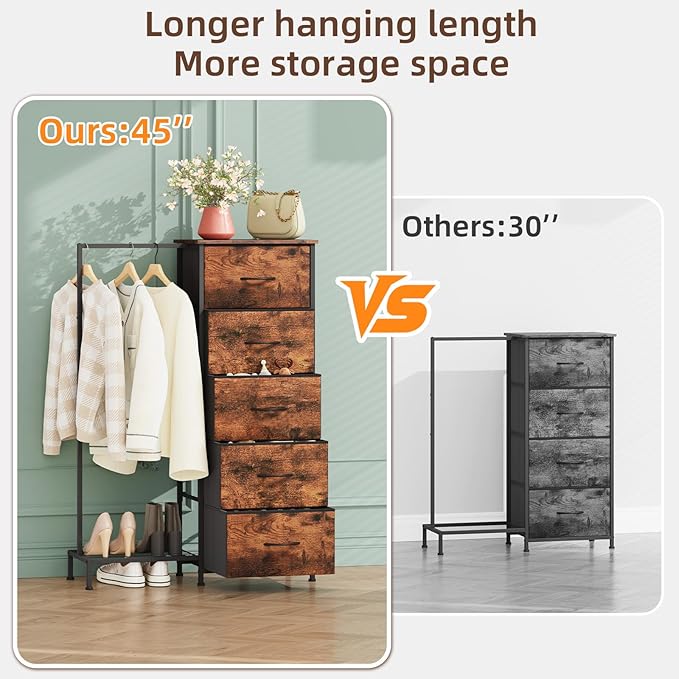 Somdot Dresser with Hanging Rack, 5 Drawers Small Closet for Bedroom, Reversible Dresser with Clothes Rack, Kids Dressers for Bedroom Chest of Drawers, Tall Storage Tower, Wood Grain Print