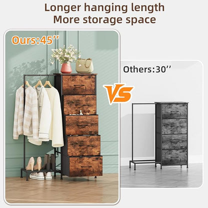 Somdot Dresser with Hanging Rack, 5 Drawers Small Closet for Bedroom, Reversible Dresser with Clothes Rack, Kids Dressers for Bedroom Chest of Drawers, Tall Storage Tower, Wood Grain Print