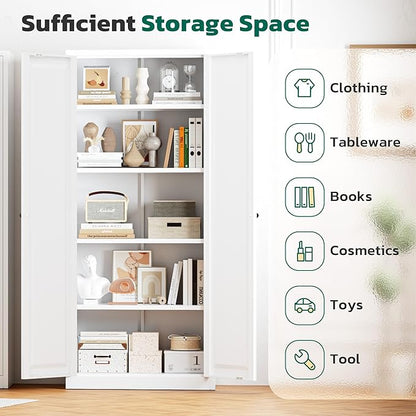 Greenvelly Metal Cabinet, 63" H White Metal Storage Cabinet with Doors and 4 Shelves, Pantry Storage Cabinet for Kitchen, Bedroom, Living Room, Office (Modern)