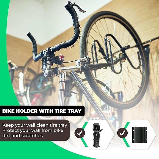 4 Pcs Heavy Duty Bike Wall Mount Hooks with Tire Tray-Vertical Bike Rack with Rubber Coated Hooks for Hanging Road,Mountain,and Hybrid Bicycle and for Garage Storage-Holds Upto 50Lbs