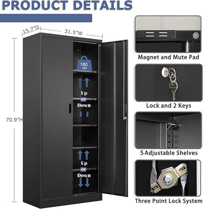 CMY Metal Storage Cabinet, 71" H Locking Cabinet with 5 Adjustable Shelves, Garage Cabinets for Office, Home, Pantry-Black