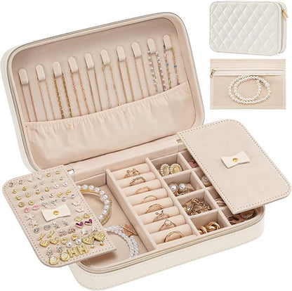 Lolalet Travel Jewelry Case for Women Girls, Travel Jewelry Organizer Box with Mirror & Clear Storage Bag, Small Portable Earring Necklace Bracelet Ring Case, Birthday Valentine Gifts -Medium, White