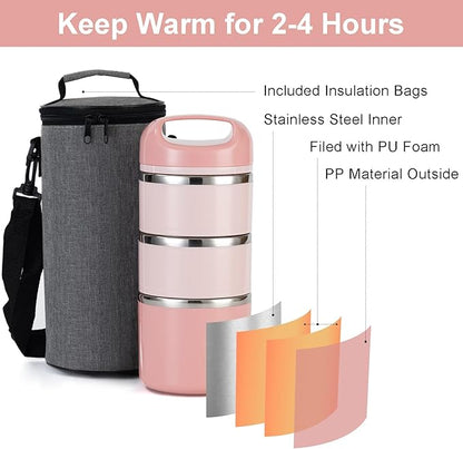 Lille Home 3-Layer Stainless Steel Lunch Box 1.43L- Leakproof, BPA-Free Insulated Bento Box for On-the-Go Meal Prep, Stackable Food Container for Women & Men