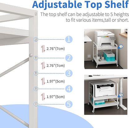 Under Desk Printer Stand with Power Outlet Large Printer Table with Adjustable Shelf,Industrial Wheels, 20 Inches Deep 2 Tier Rolling Printer Cart for Home Office, White